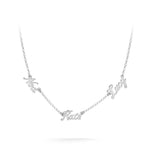 Silver necklace with 'Mom', 'Dad', and 'Niece' pendants on a white background