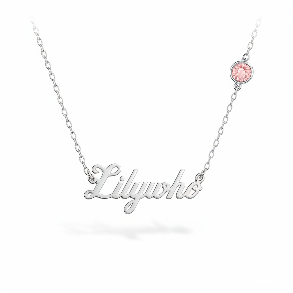 (7+ Letters) Sterling Silver Name Necklace with Birthstone