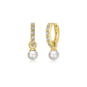 9ct Gold Cz Pearl Hoop Earrings