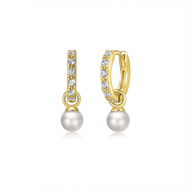 9ct Gold Cz Pearl Hoop Earrings