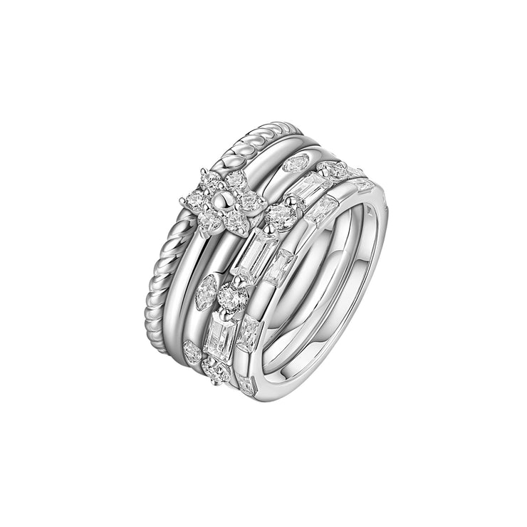 Round and Baguette stones Silver Ring