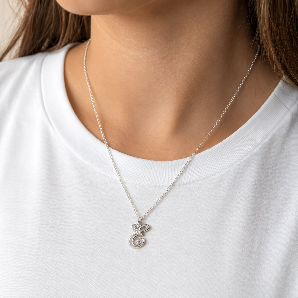 Silver Vintage Script Initial Necklace