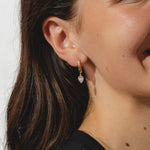 gold hoops with pear cut 0.8ct diamonds in bezel settings.