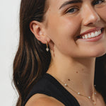 gold hoops with pear cut 0.8ct diamonds in bezel settings.