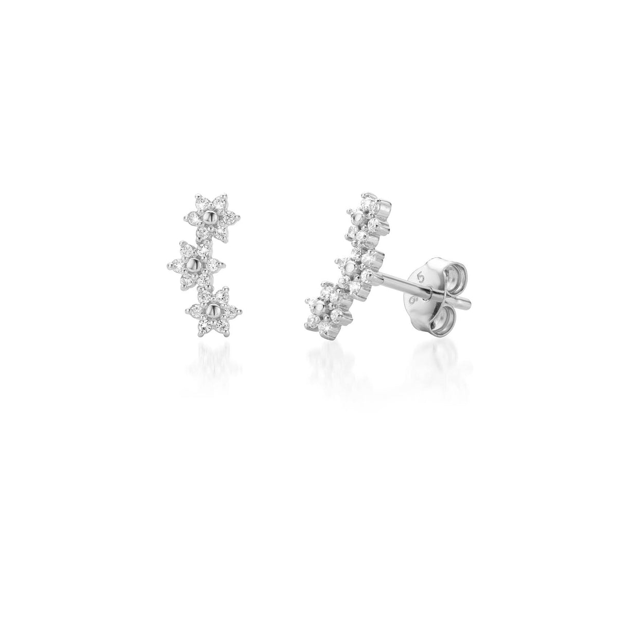 Silver CZ Flower Ear Climber Earrings