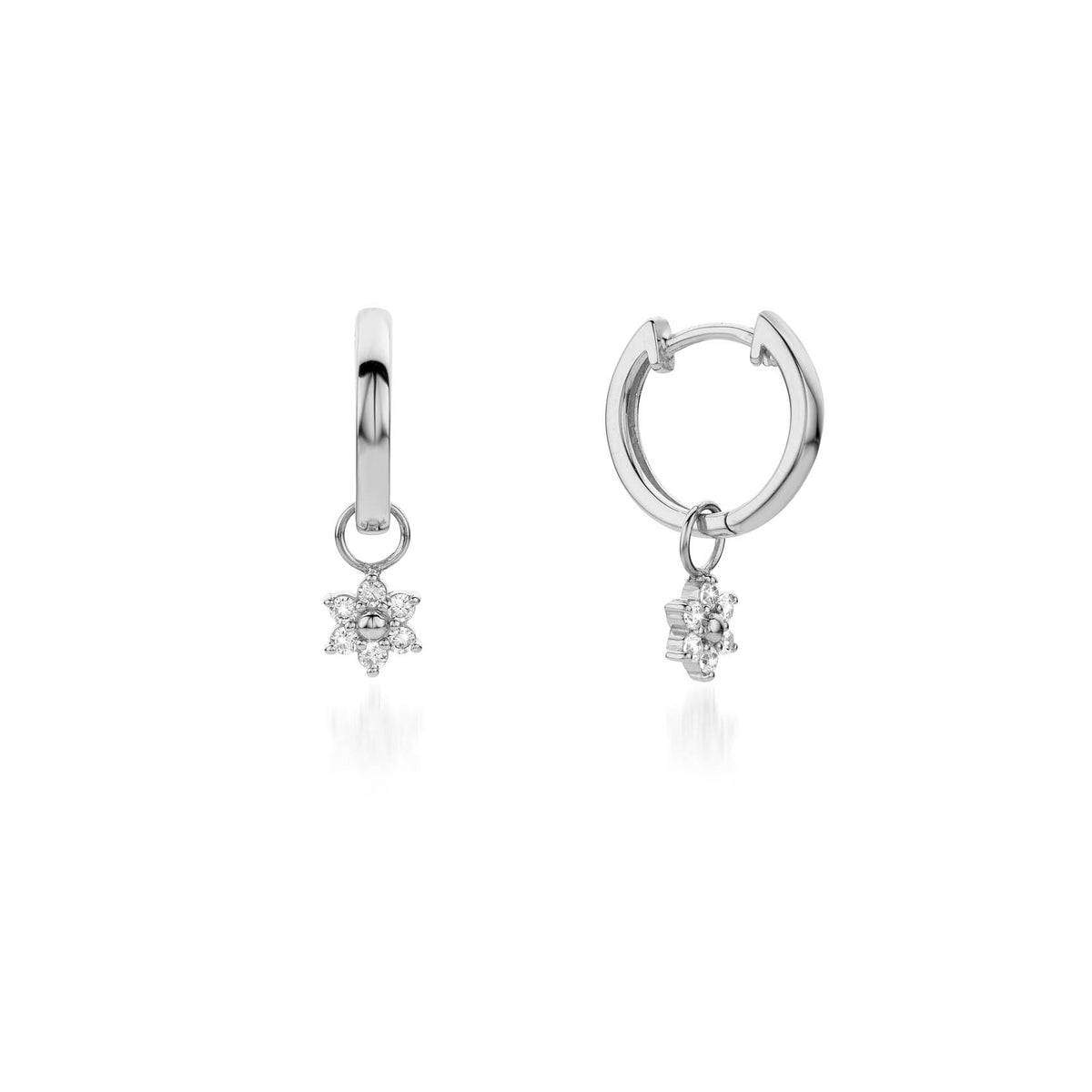 Silver CZ Flower Drop Hoop Earrings