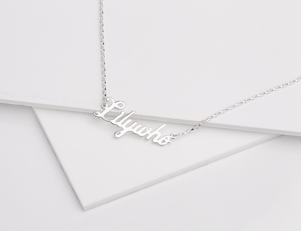 Customizable Silver Script Name Necklace (7+ Letters)