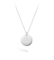 Image shows the lilywho round disc engraved with 3 different fonts. This pendant can be engraved, add an extra personal touch to your personalized chain with handwriting engraving. This necklace is made of sterling silver, and is available in three colours, gold plated, rose gold plated, and silver.