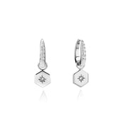 Silver Hexagon Drop Hoop Earrings