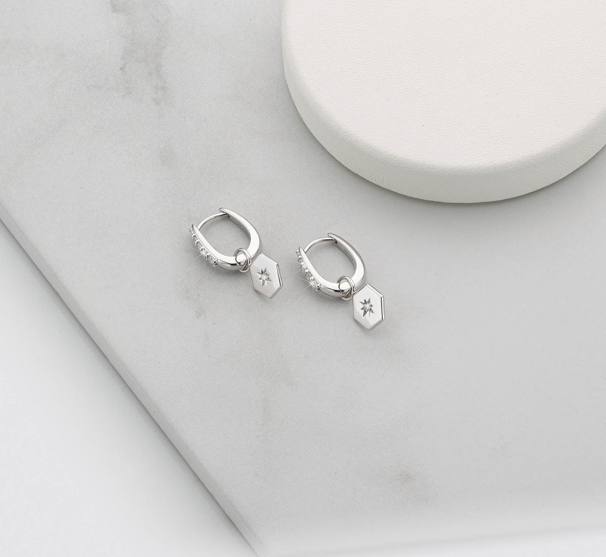 Silver Hexagon Drop Hoop Earrings