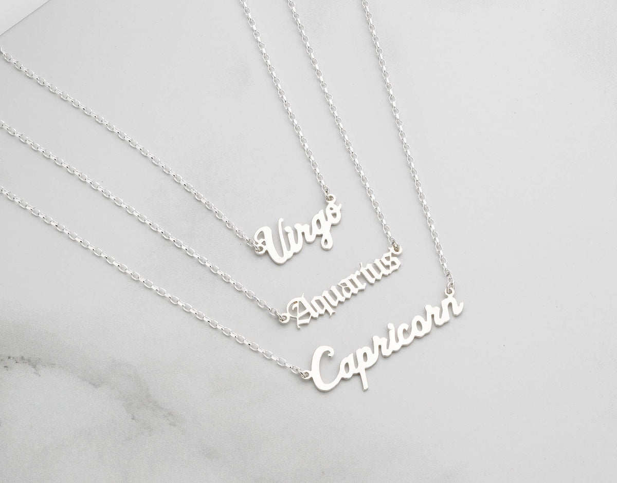 Silver Script Star Sign Necklace (7+ Letters)