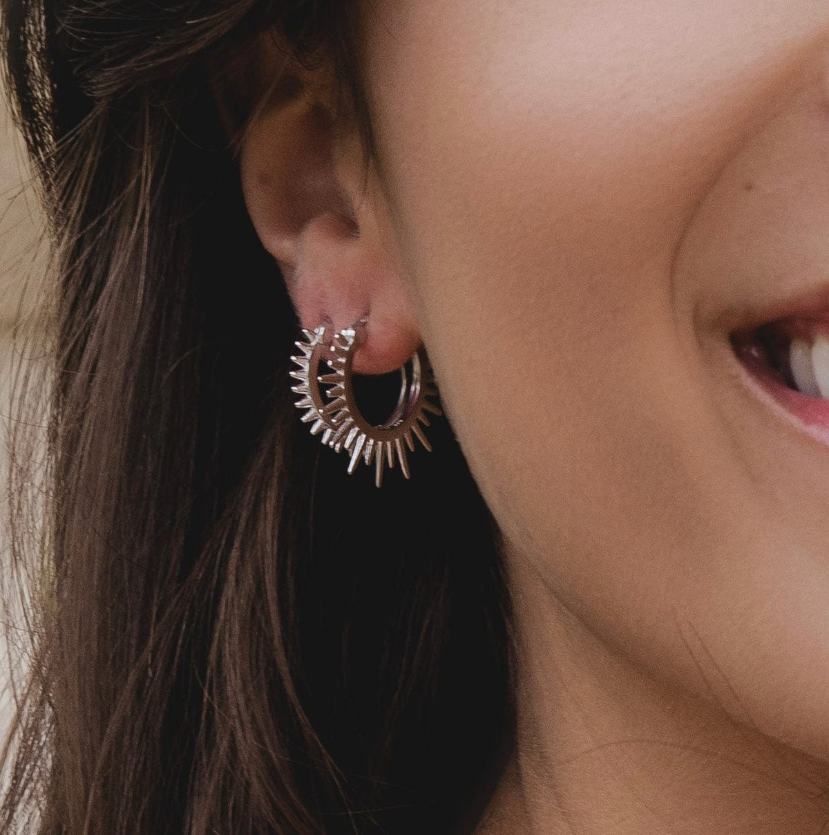 Silver Up-Down Multi Spike Hoop Earrings Pair